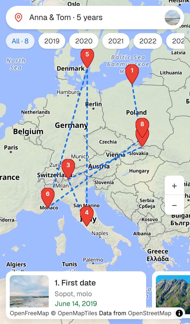 Example memory map with pins across Europe