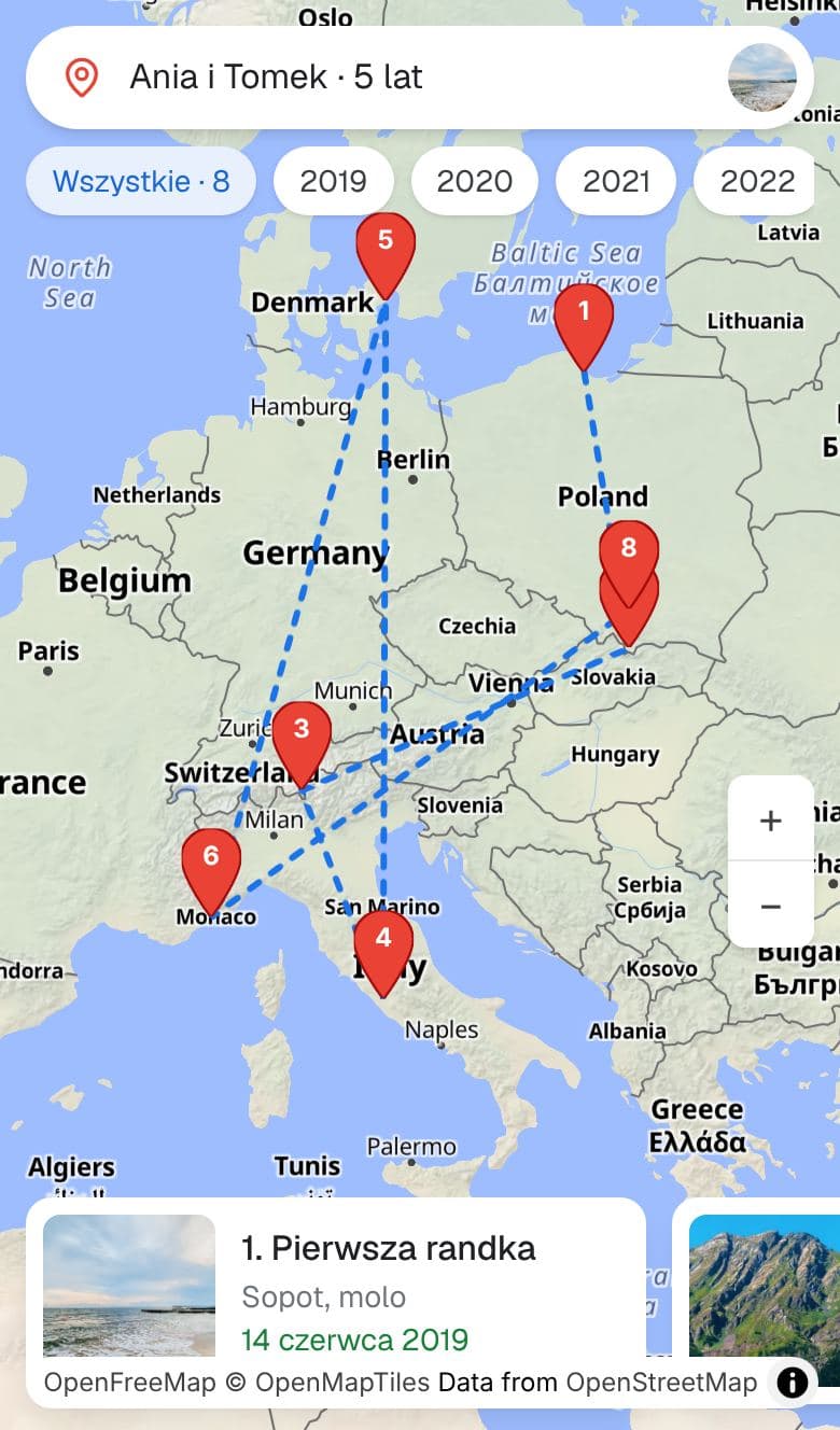 Przykładowa mapa wspomnień z pinezkami w Europie